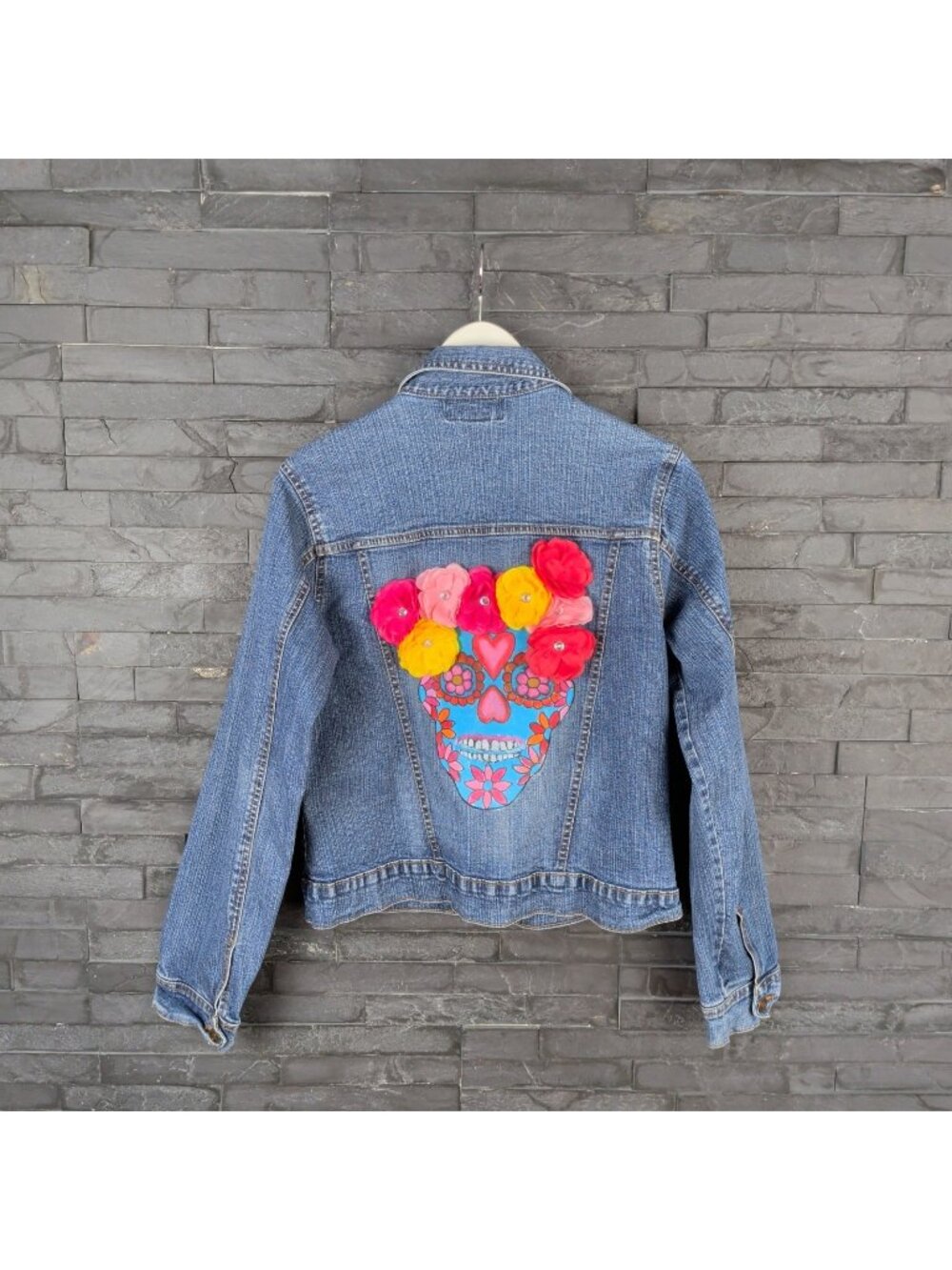 Jean Jacket Boho 3D Flowers Floral Muerte Skull Boho Art Painted Upcycled Wom XS